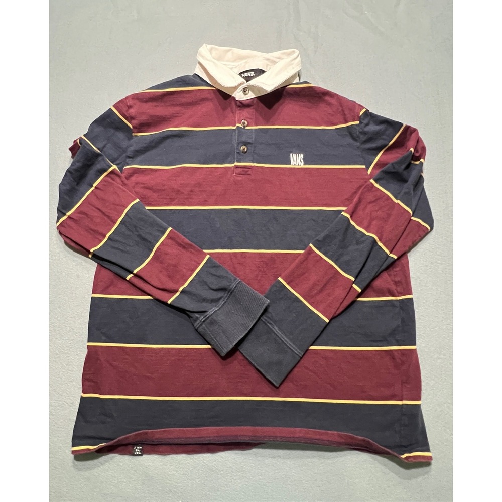 Vans Off The Wall Long Sleeve Rugby Polo Shirt Burgundy Navy Striped Men